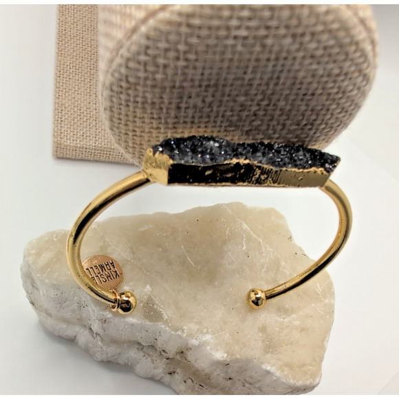 Kinsley Armelle Black Druzy Quartz Bangle Cuff Bracelet Gold Tone - Picture 4 of 6